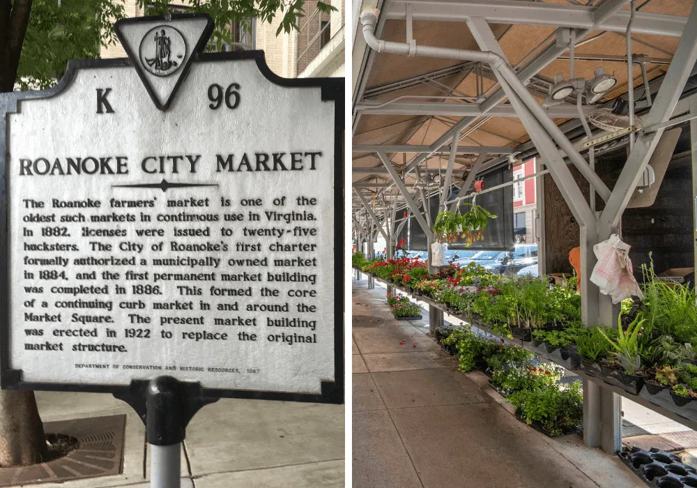 Roanoke City Market - historical sign and veggies for sale.