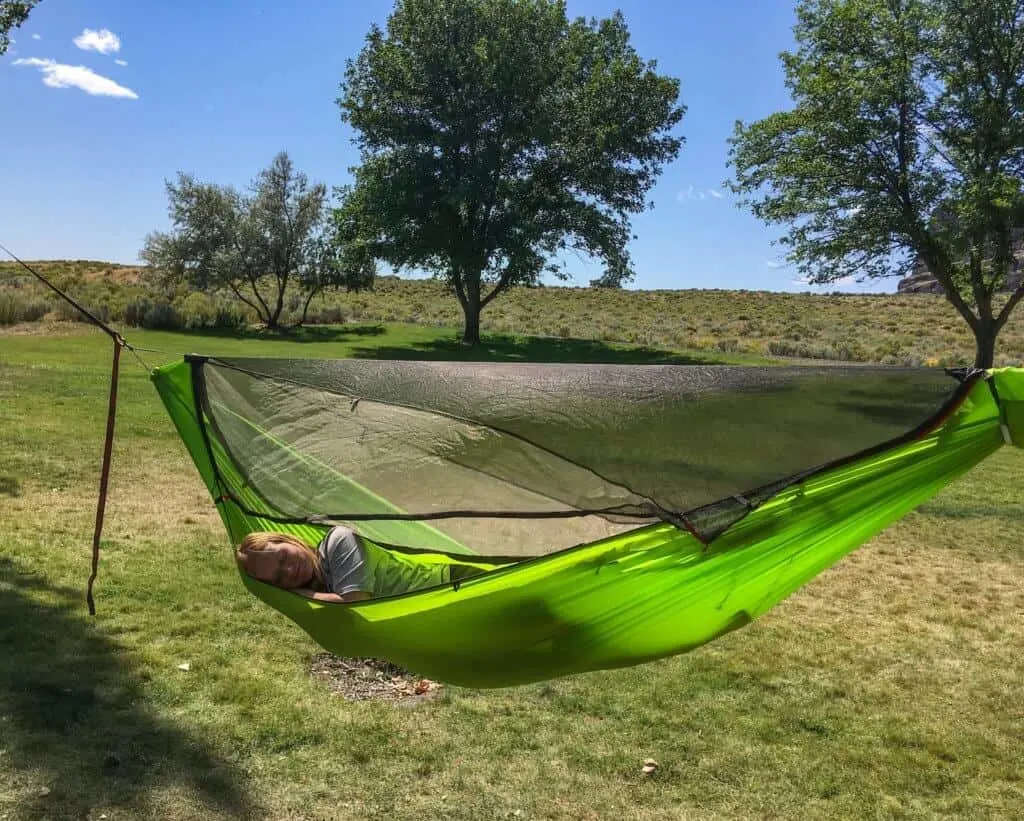 Rosa sleeps in a Kammok Mantis hammock during a camping trip to Washington State.