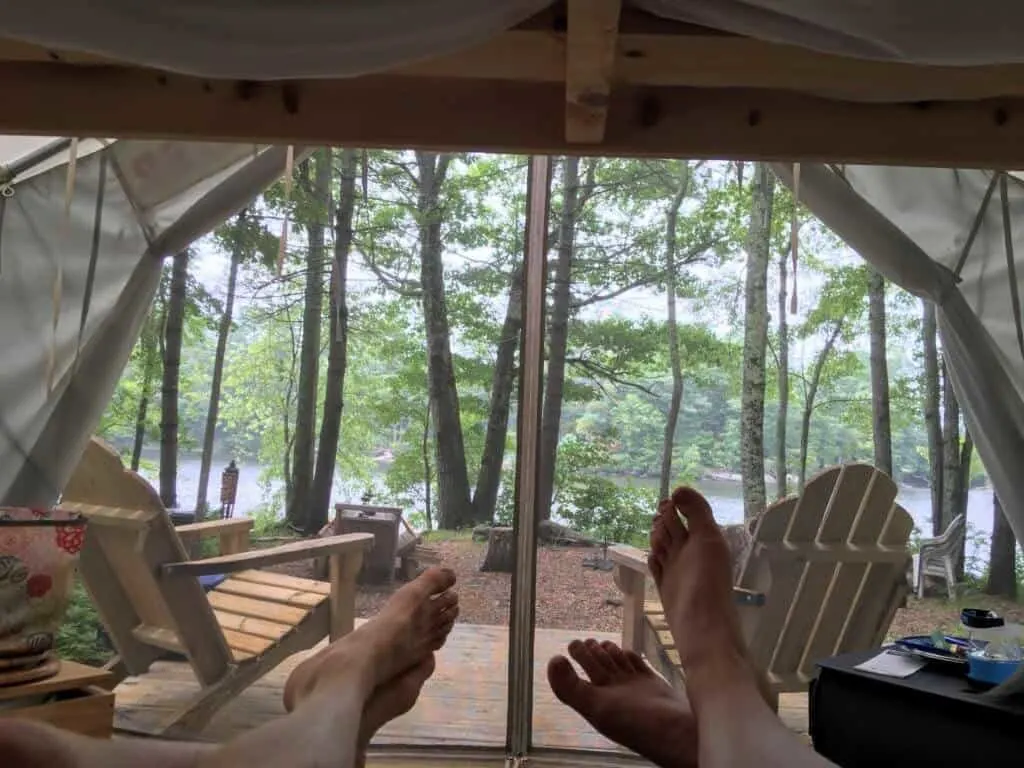 Looking through the door of a Tentrr tent in Maine.