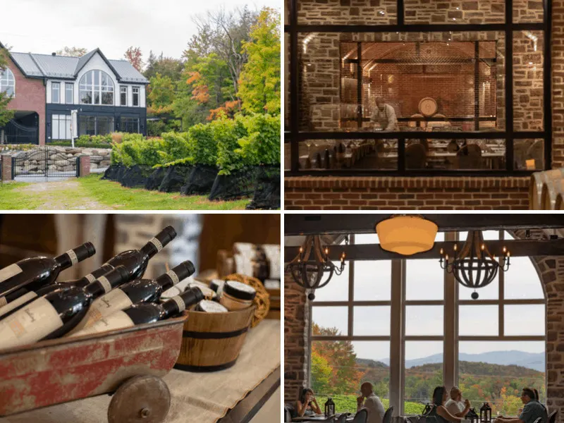 A collage of photos from Le Vignoble du Ruisseau in Dunham, Quebec. 