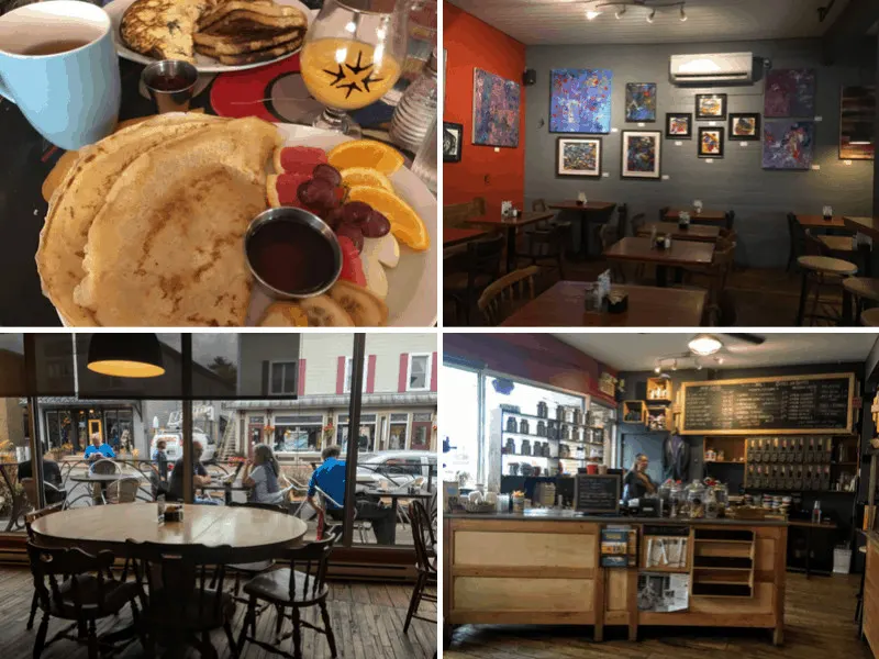 A collage of photos featuring the bustling cafe, Le Cafetier in Sutton,Quebec.
