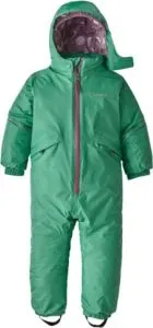 A green toddler snowsuit from Patagonia.