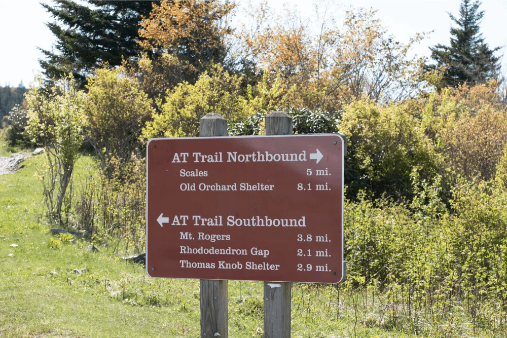 Backpacking trail sign in Grayson Highlands State Park in Virginia.