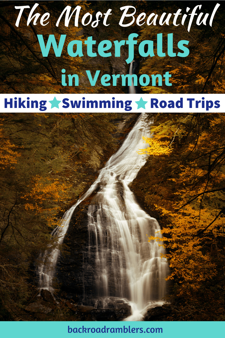 Moss Glen Falls, a Vermont waterfall. Caption reads: The Most beautiful waterfalls in Vermont.