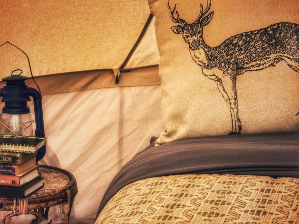 A pillow with a drawing of a deer on it sits on a bed inside a camping tent.