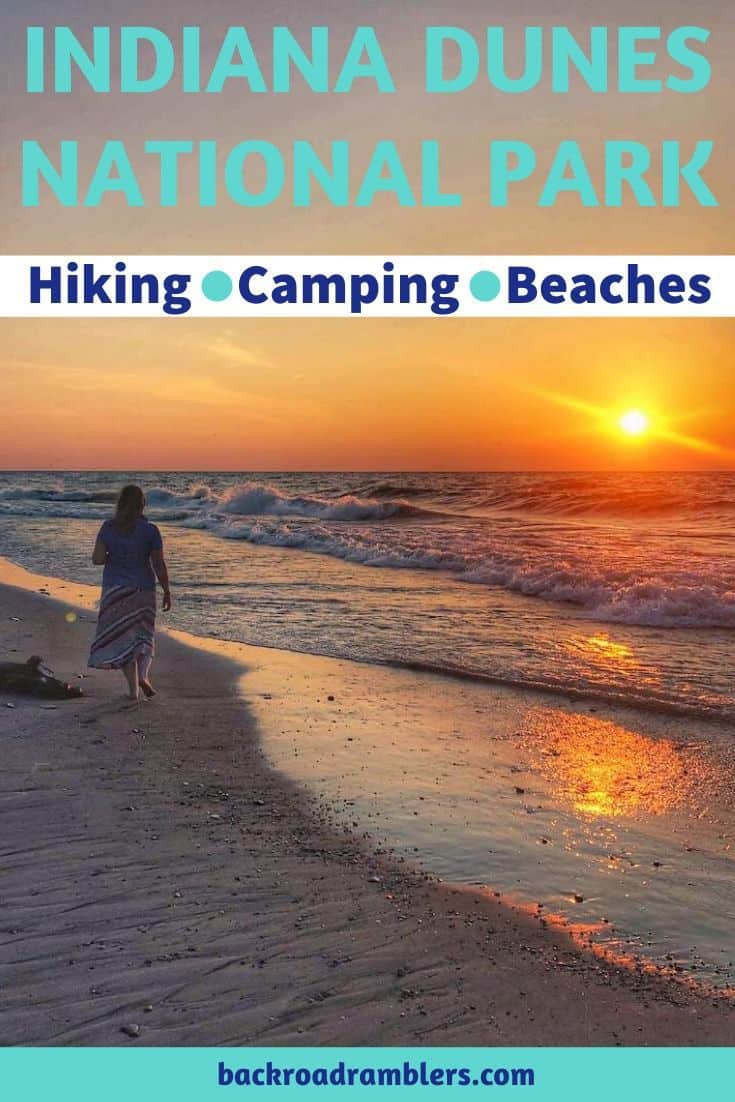 A woman walking on a beach at sunset. Caption reads: Indian Dunes National Park, hiking, camping, beaches