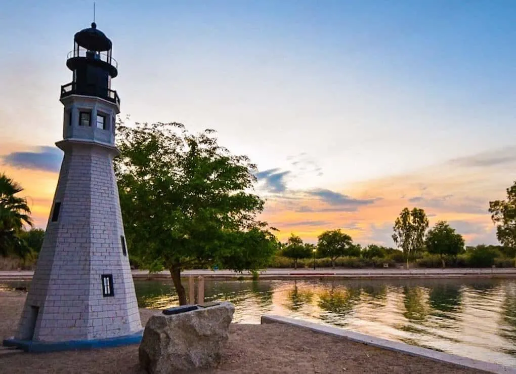 A replica lighthouse on London Bridge Beach in Lake Havasu Arizona
