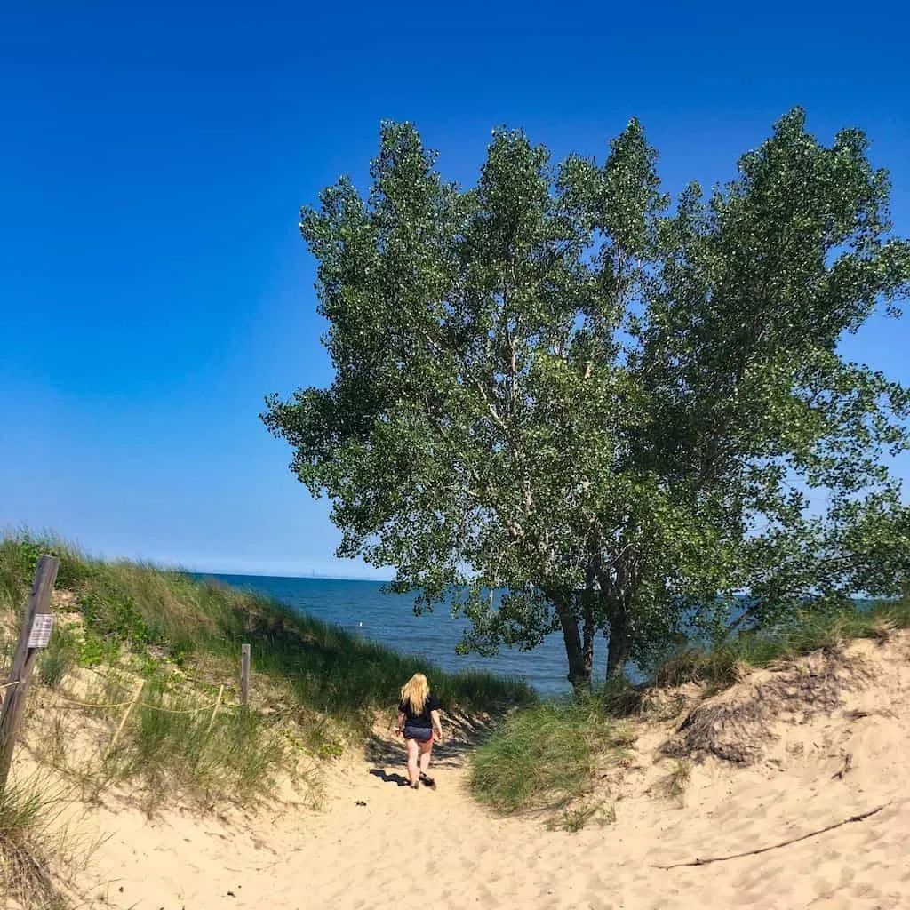A woman walks down a trail to West Beach at Indiana Dunes National Park.