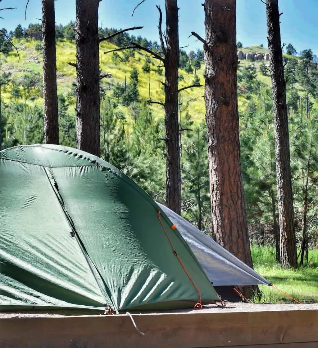 two tents set up in Blue Bell Campground, Custer State Park, South Dakota