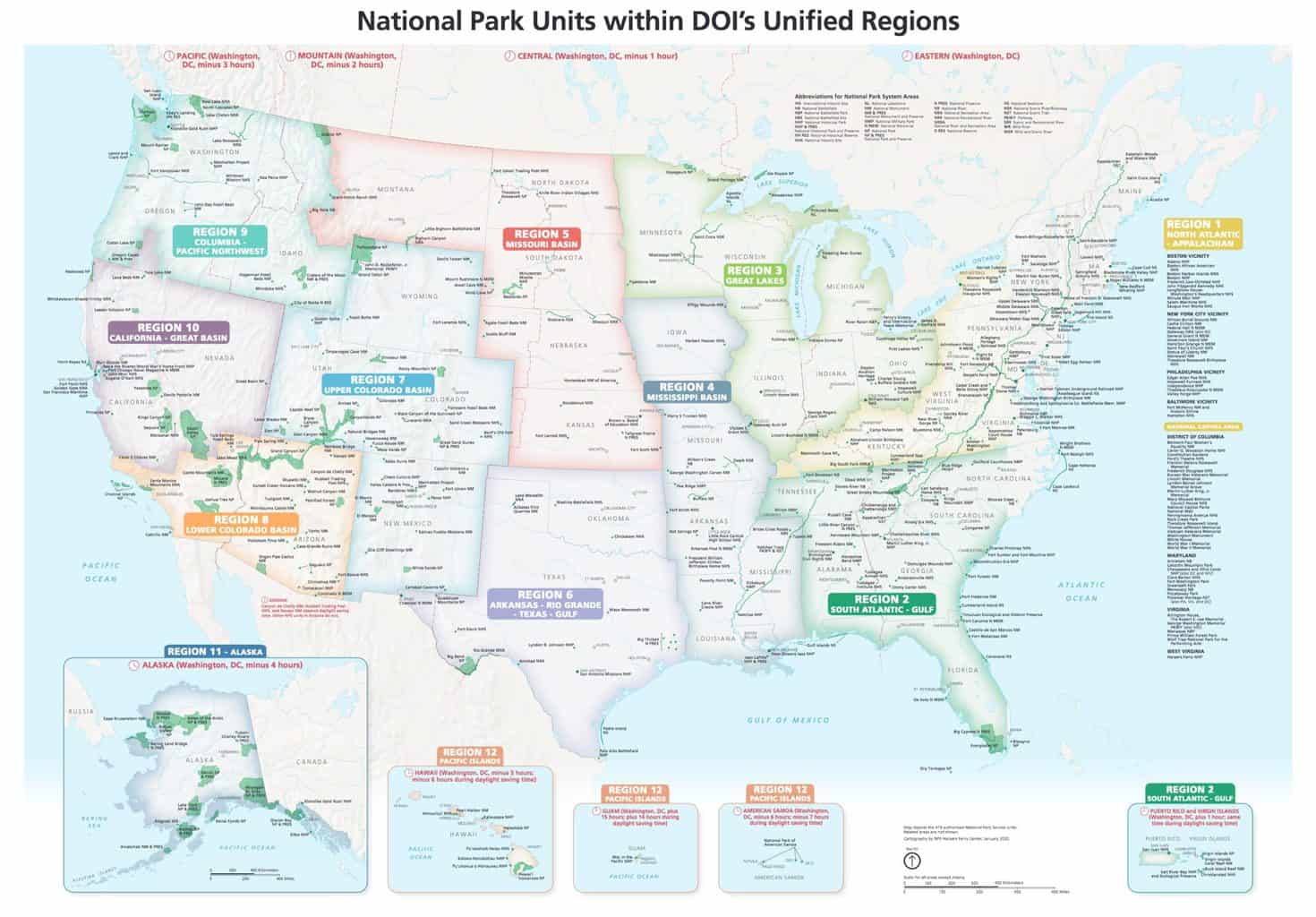 National Park Units divided into regions of the USA.