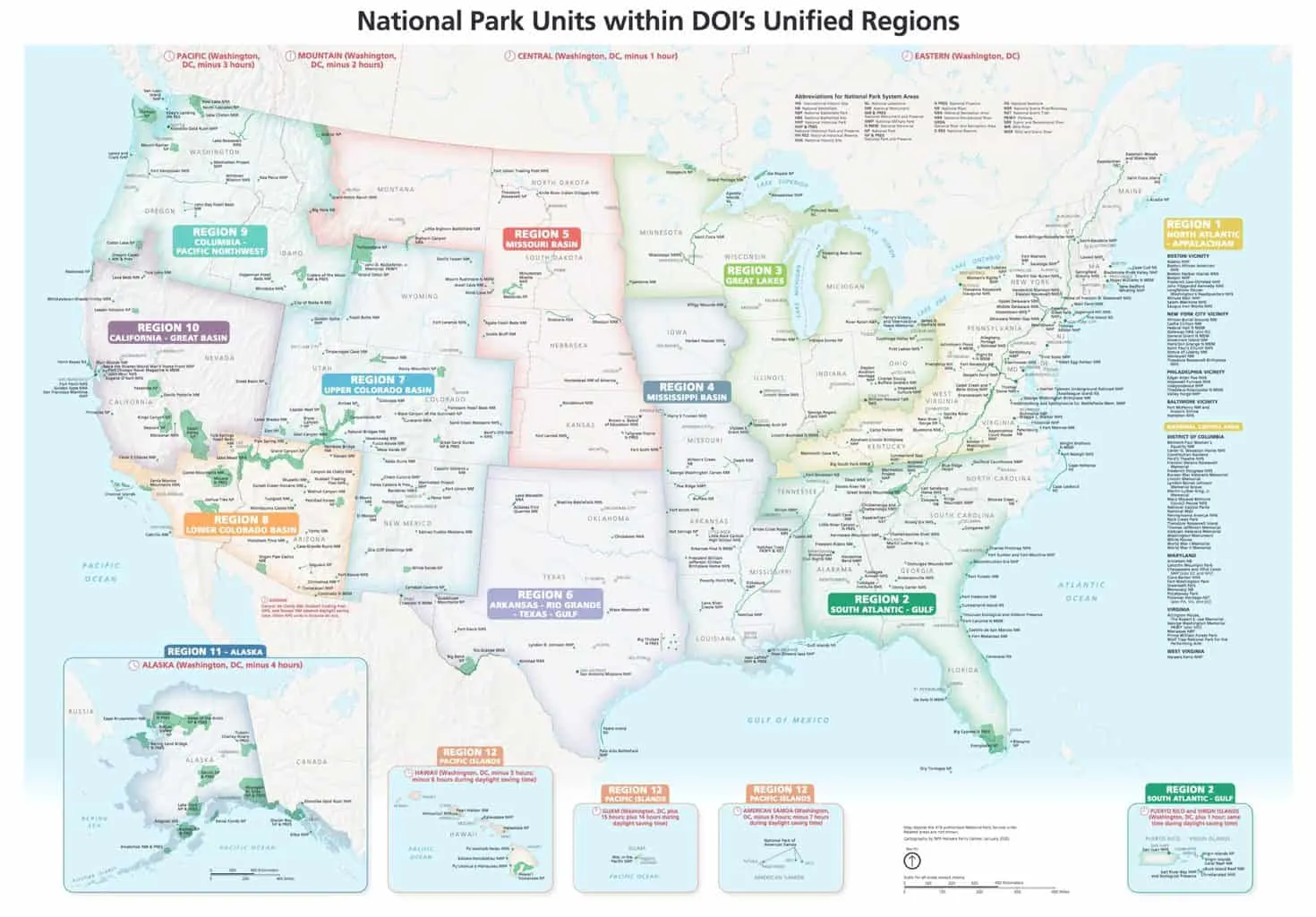 National Park Units divided into regions of the USA.