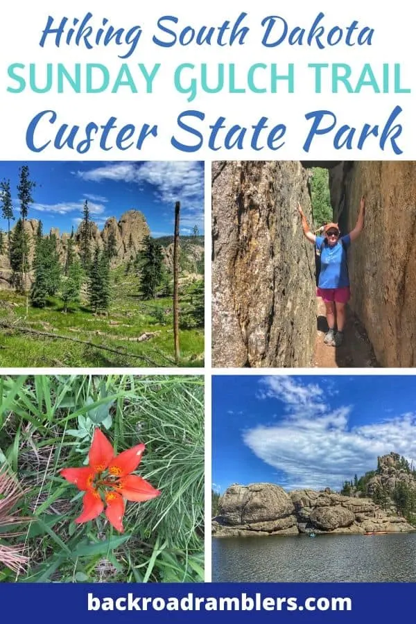 A collage of trail photos from the Sunday Gulch Trail in Custer State Park. Caption reads: Hiking South Dakota, Sunday Gulch Trail, Custer State Park