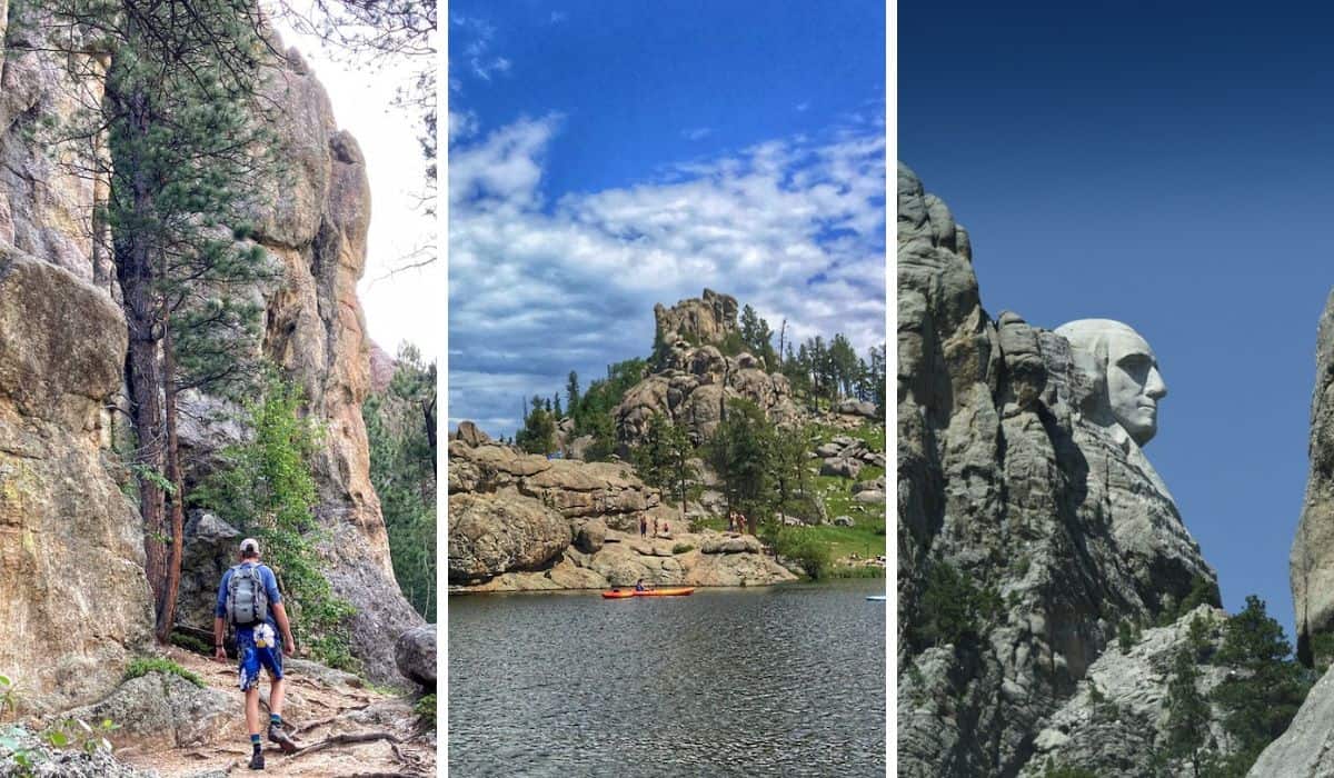 A collage of photos featuring things to do outside in the Black Hills of South Dakota.