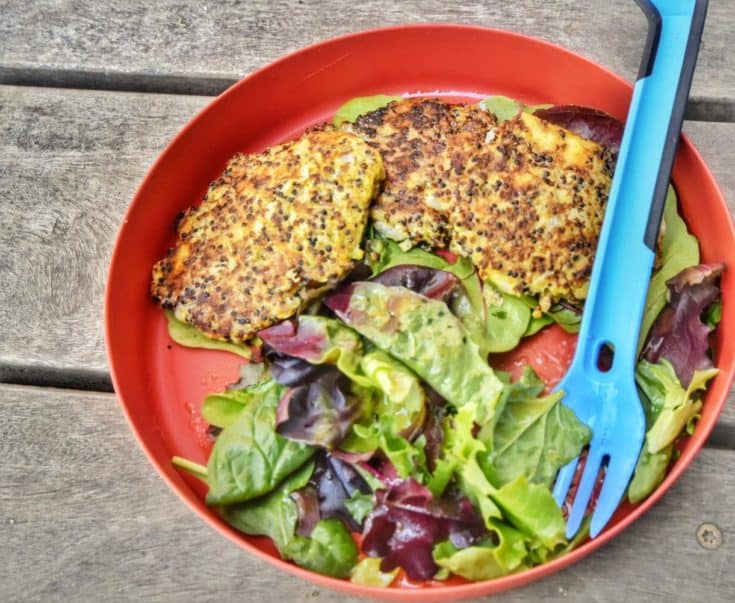 A camping plate with salad and quinoa patties