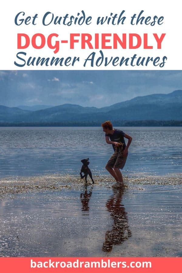 A boy plays with a young dog in a lake surrounded by mountains. Caption reads: Get outside with these dog-friendly activities