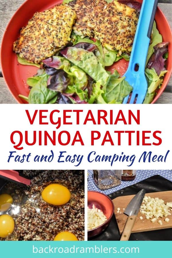 A collage of photos describing the process for cooking quinoa patties while camping. 