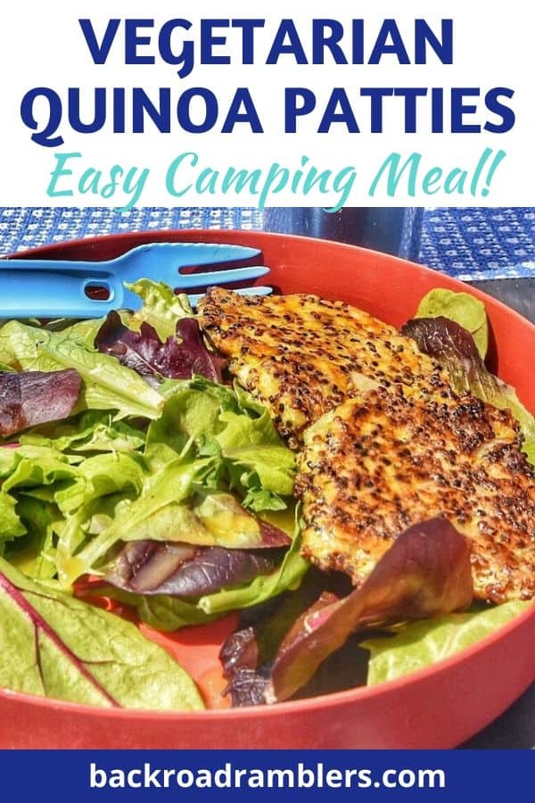 Vegetarian Quinoa Patties for Camping 6 A bright photo of quinoa patties with a salad. Caption read: Vegetarian Quinoa Patties - Easy Camping Meal.