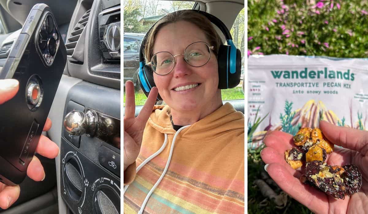 These are the Six Road Trip Essentials We Never Travel Without 1 A collage featuring three road trip essentials: A Nite Ize Steelie Mount, Ript Ultra headphones, and Wanderlands snack mixes.