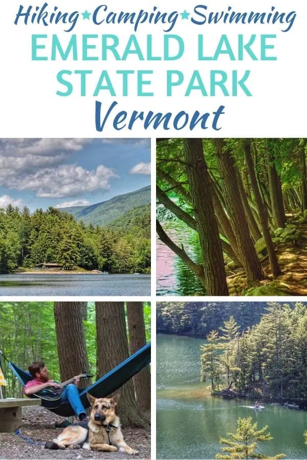 A collage of photos from Emerald Lake State Park in Vermont featuring swimming, hiking, and camping