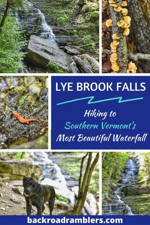 A collage of waterfall photos. Caption reads: Lye Brook Falls: Hiking Southern Vermont's Most Beautiful Waterfall.