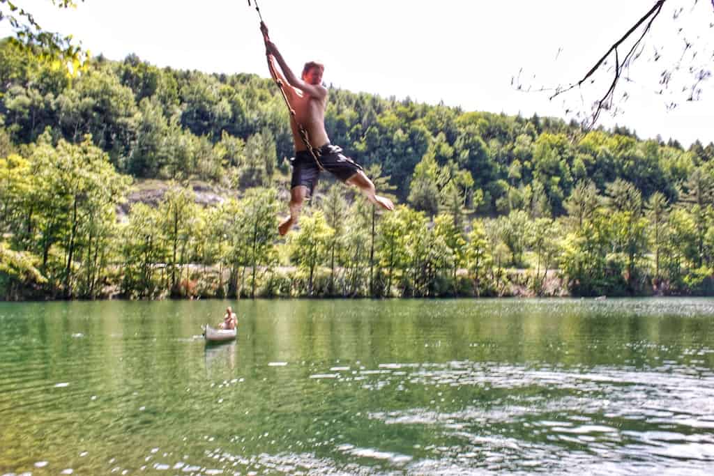 The rope swing at Emerald Lake State Park in Vermont