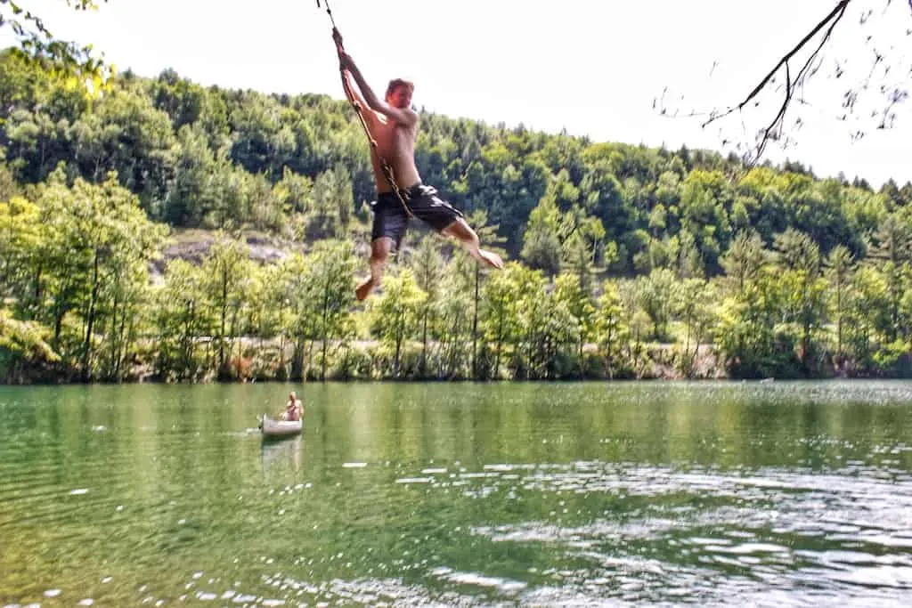 The rope swing at Emerald Lake State Park in Vermont