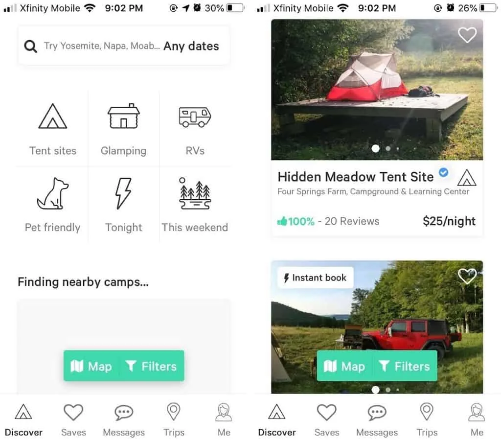 A screenshot of the Hipcamp app features