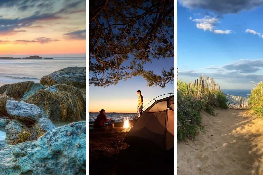 A collage of three photos featuring oceanfront camping in New England