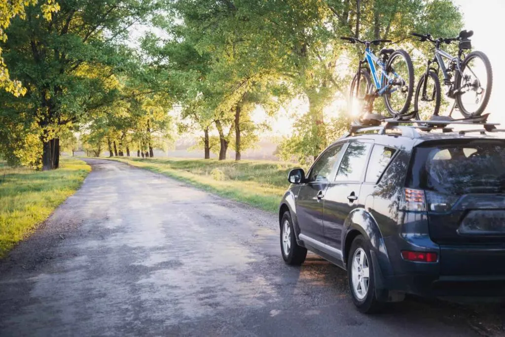 A car with bikes on a rack drives along a forest road