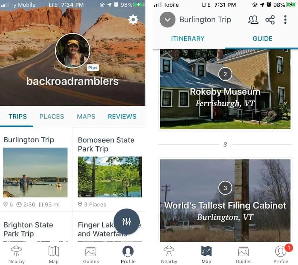 A screenshot of the Roadtrippers app in action