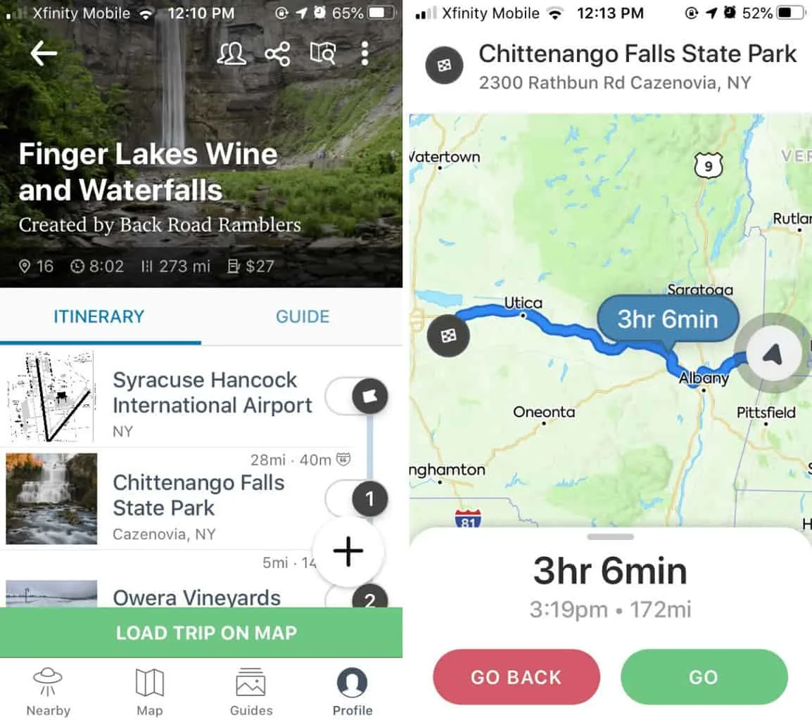 A screenshot showing the map feature on the Roadtrippers app