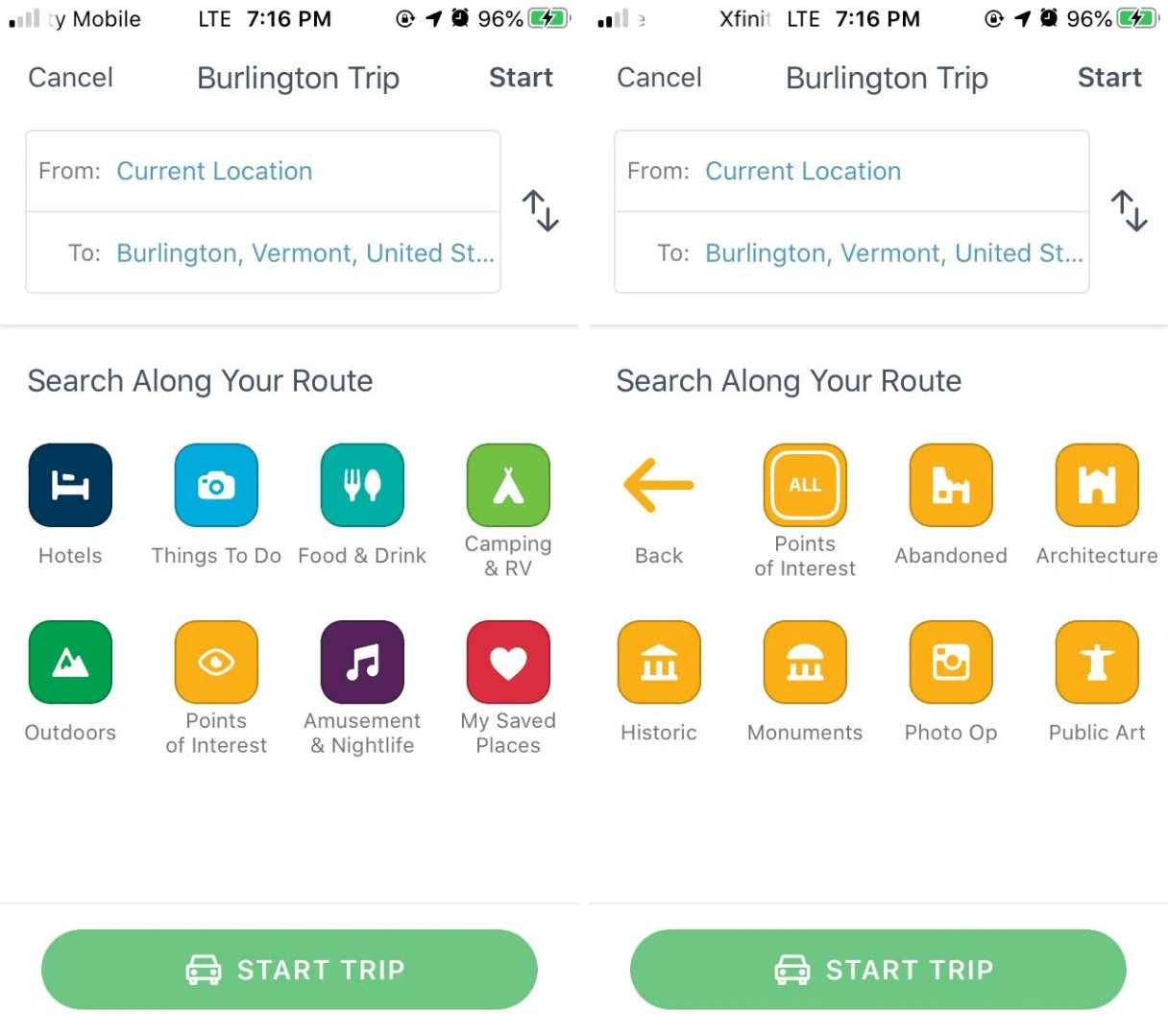 Search along your route with the Roadtrippers App