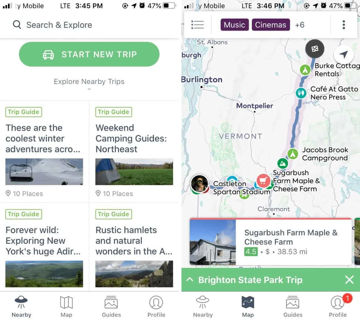 A screenshot showing how to start a new trip with the Roadtrippers app