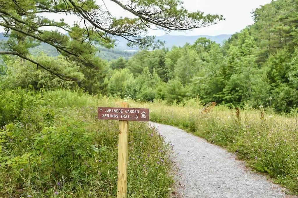 A trail sign pointing the way to the Japanese Garden in Taconic Mountains Ramble State Park in Vermont