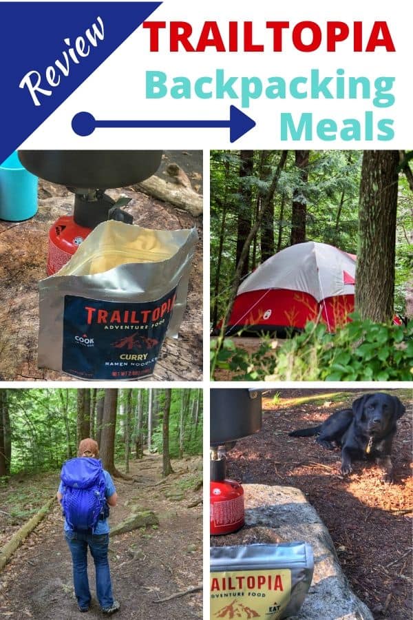 A collage of camping photos. Caption reads: Trailtopia Backpacking Meals Reviewed