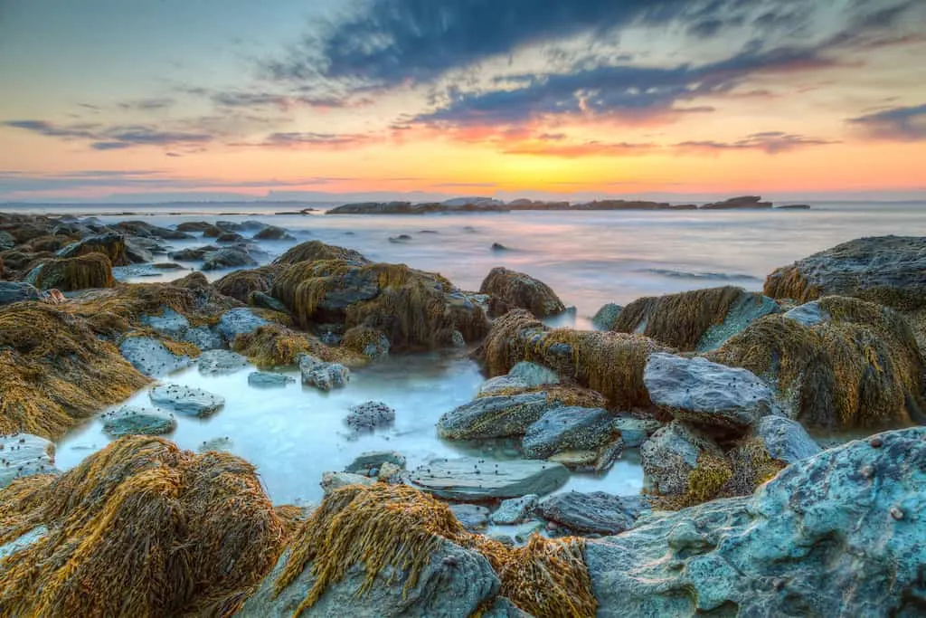 The rocky coast of Rhode Island at sunrise. 