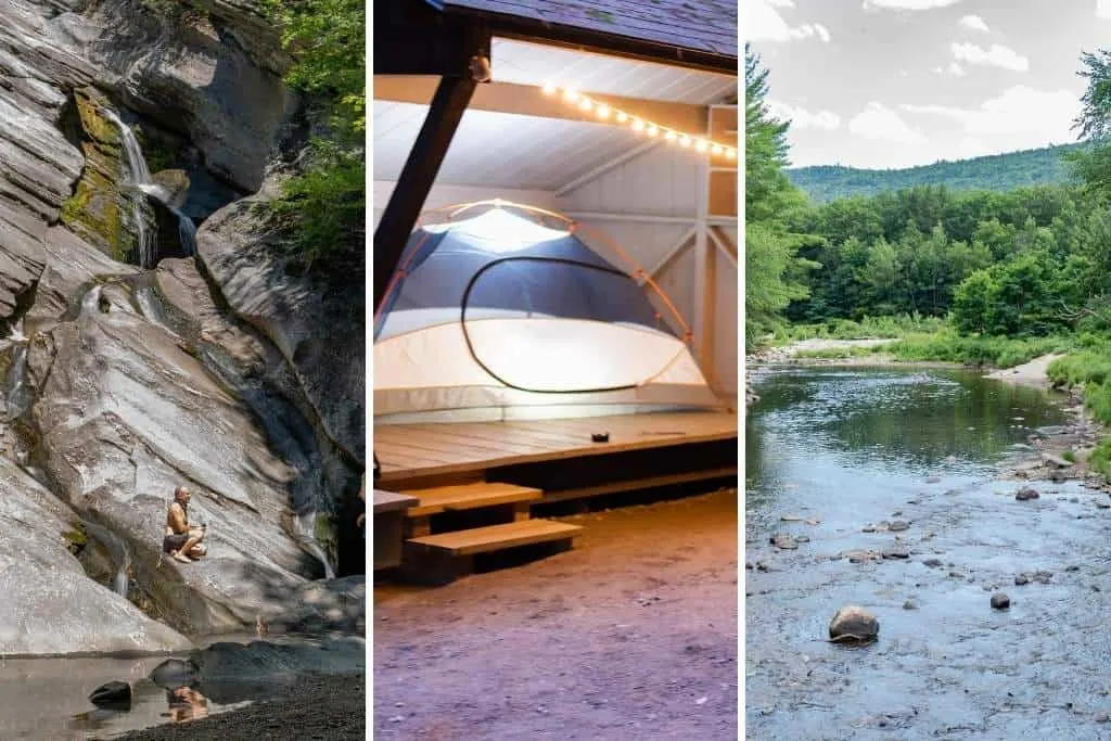 Three photos featuring the best of Jamaica State Park in Vermont - Hamilton Falls, a lit-up tent, and the West River