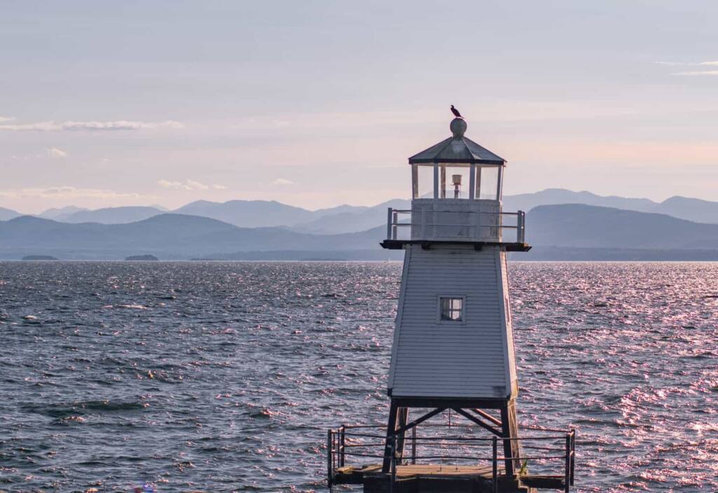 The lighthouse on the Burlington, Vermont waterfront at sunset.