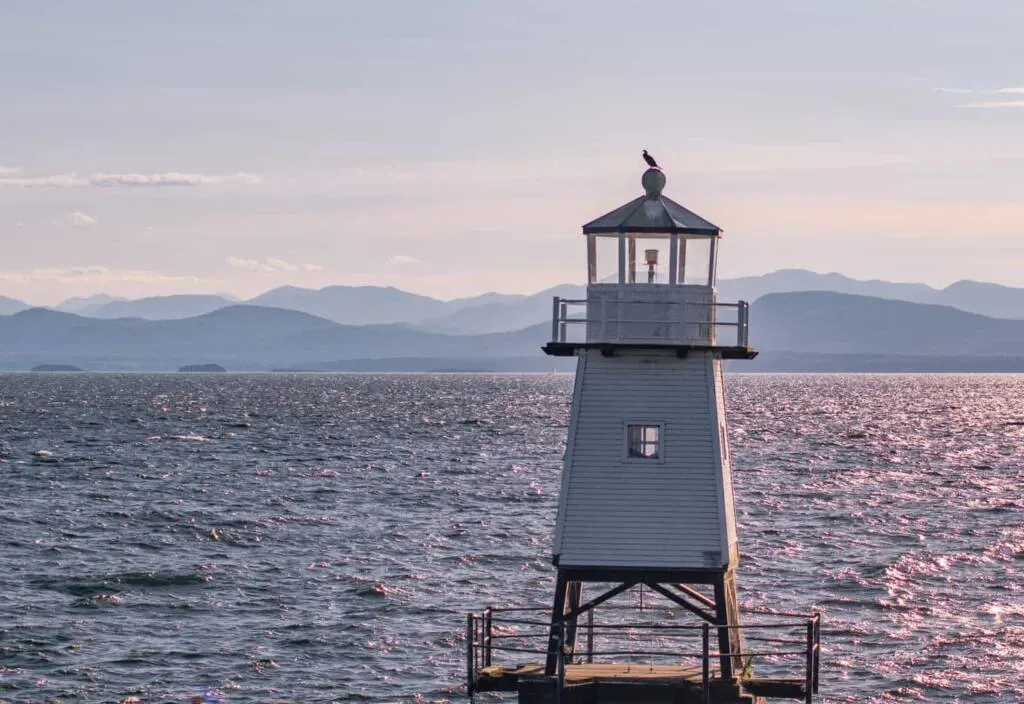 The lighthouse on the Burlington, Vermont waterfront at sunset.