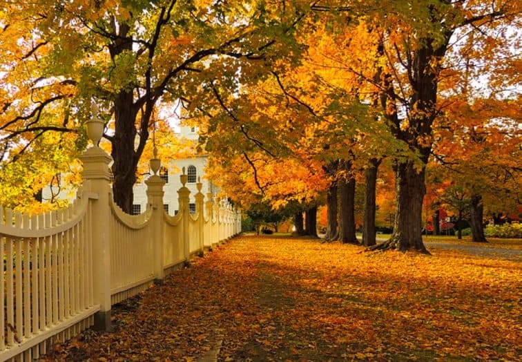 A white picket fence in Old Bennington, Vermont near the Old First Church.