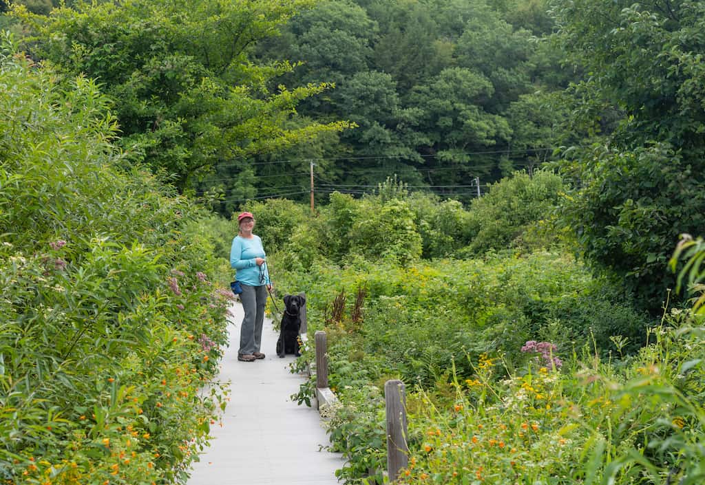 A woman stands with a dog on an overgrown hiking trail in Killington, Vermont
