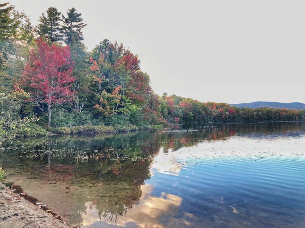 A fall foliage view from the Camper's Beach at Brighton State Park in Vermont's Northeast Kingdom.