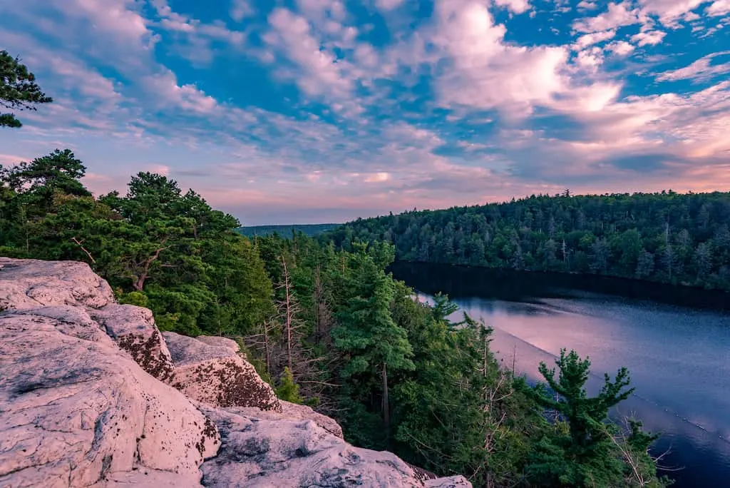 A sunset view of Lake Minnewaska in the Catskill Mountains of New York