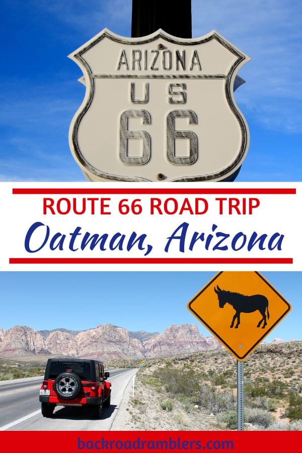 A collage of photos featuring Oatman AZ. Caption reads: Route 66 road trip - Oatman Arizona