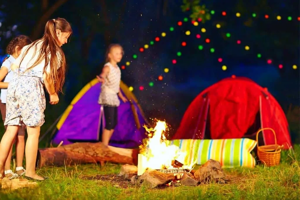 several kids standing near a campfire in front of two tents.
