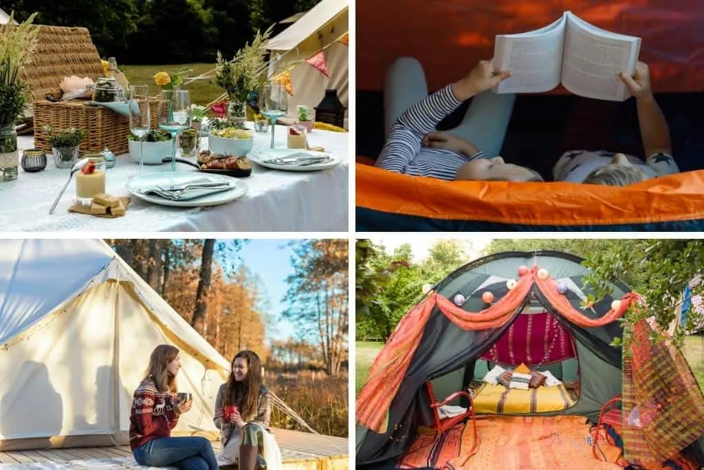 A collage of backyard glamping photos.