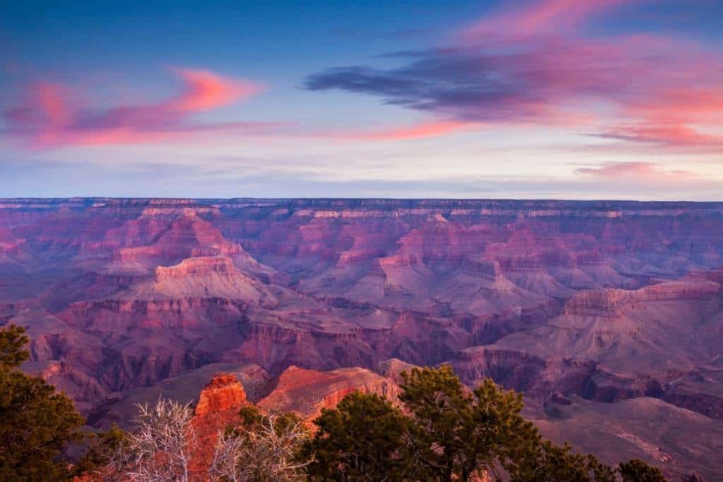 A sunset view of the Grand Canyon.
