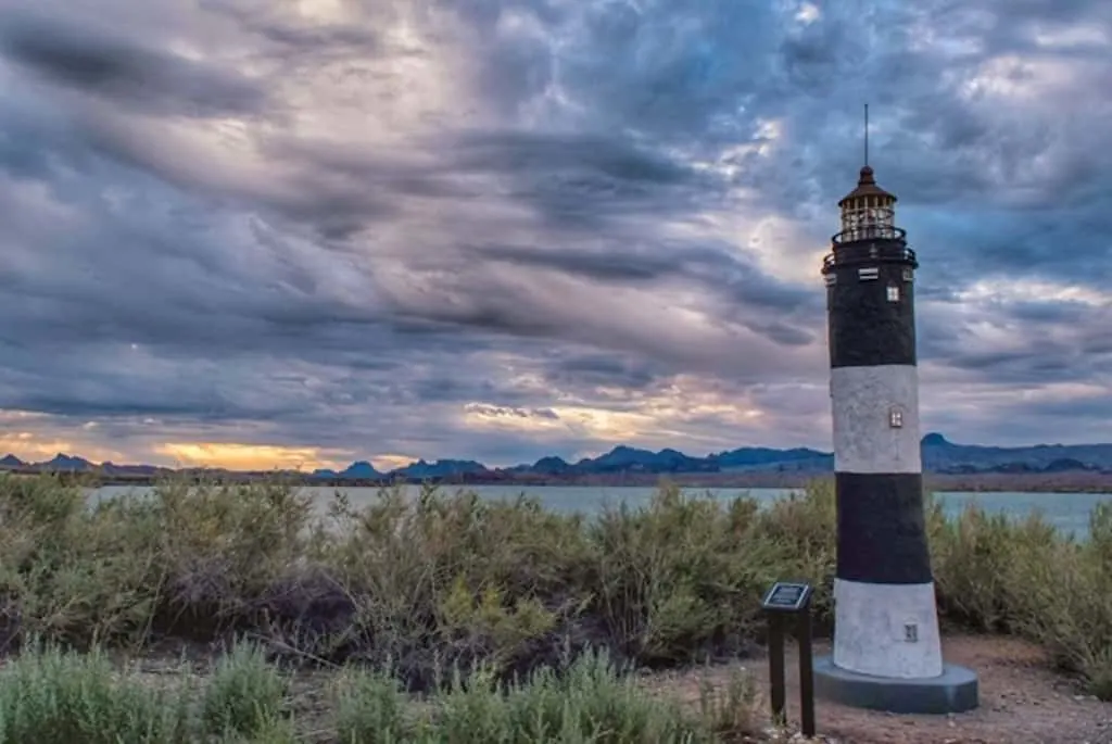 A replica lighthouse on the shores of Lake Havasu in Arizona.