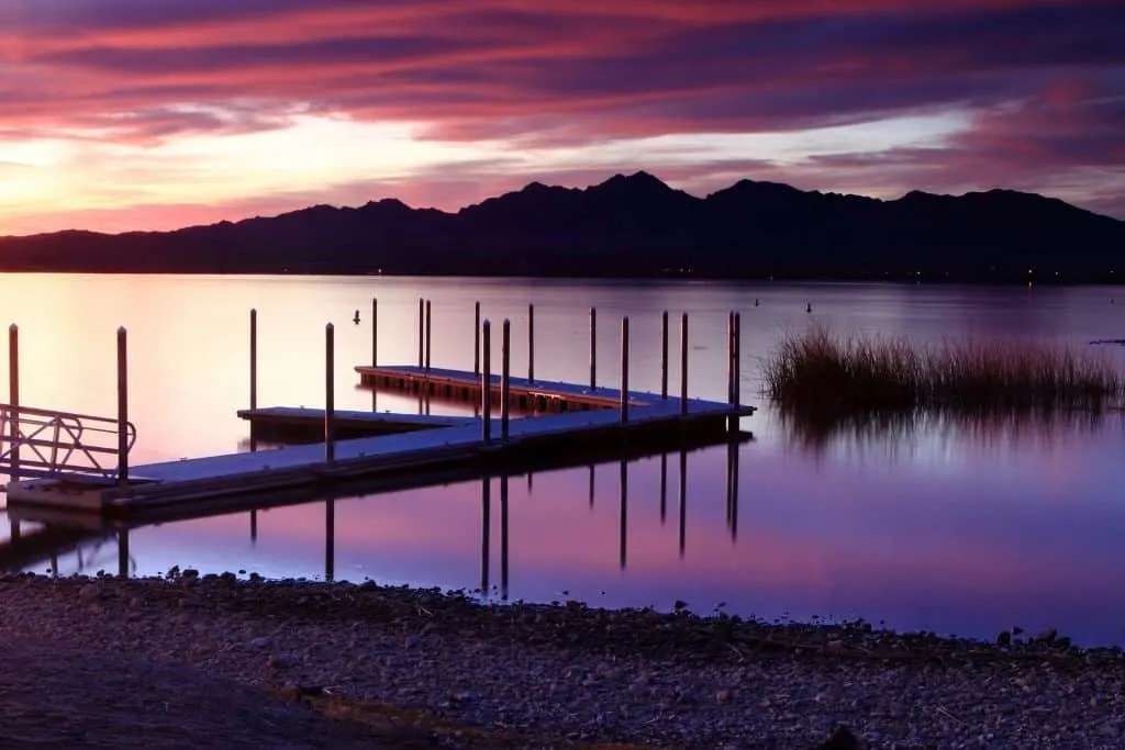 Sunset over Lake Havasu, Arizona from the beach in Lake Havasu City.