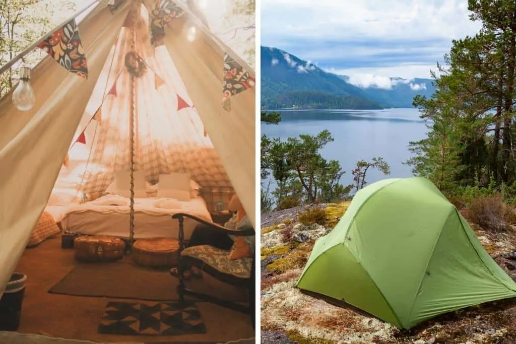 Two photos, one showing a fully decorated glamping tent, the other showing a small, plain tent used for camping.

